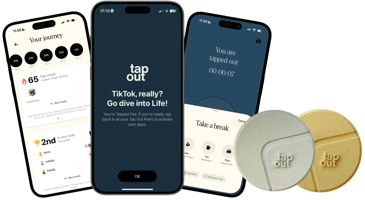 Drie telefoons met de Tap Out-app: je streak van dagen, het scherm dat laat zien dat je tapped out bent, en het klassement in je club. Daarnaast twee Tap Out-pucks